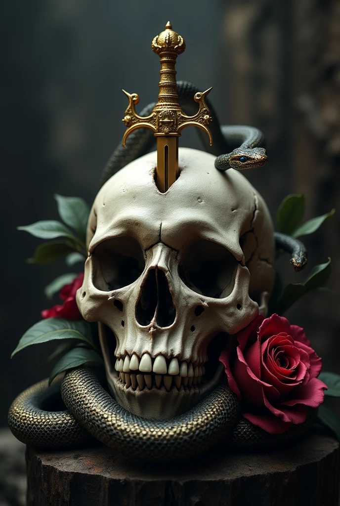 An image that works in one, a small golden dagger, A snake, a skull. Let the dagger pierce the skull, May the snake surround them along with the rose