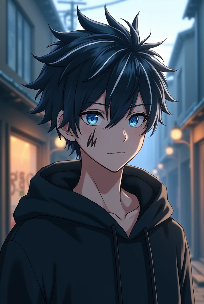 Realistic anime illustration of a cute young adult boy with black striped white hair and intense ice-blue eyes, a healed jagged line-shaped scar on his left cheek, an all-black hoodie, a town background, detailed eyes, professional, highres, detailed character design, atmospheric lighting, detailed environment