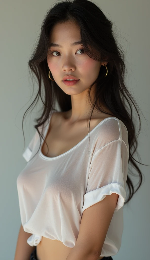 A young beautiful Asian model scantly clad wearing a see-through wet white t-shirt., super detail, anatomically correct, UHD, best quality, highres, LARGE BREASTS