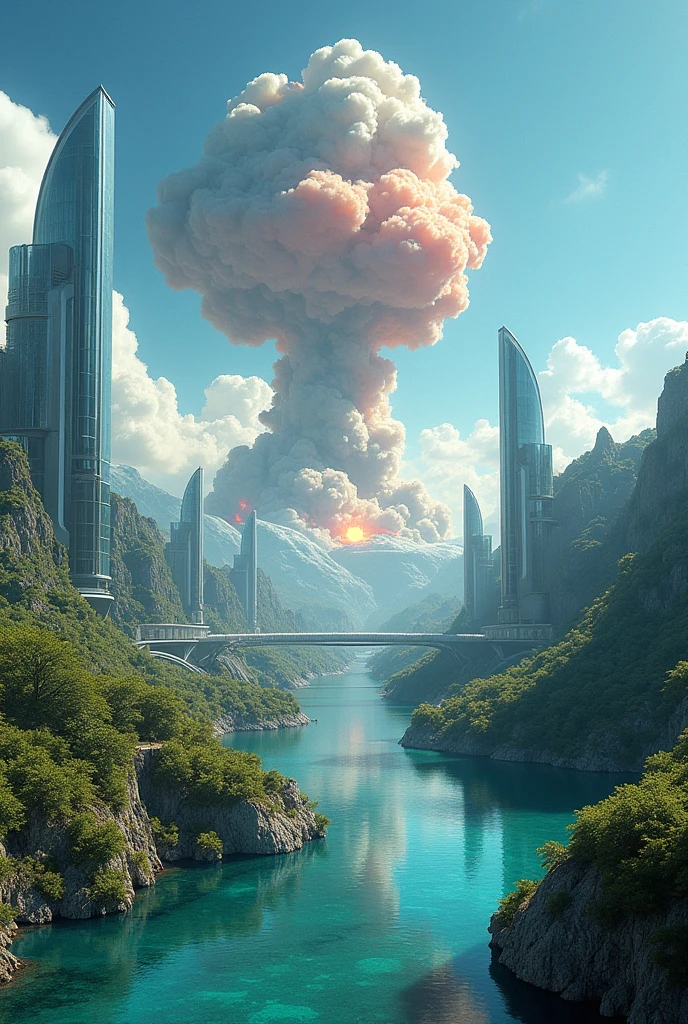 A vast realistic utopian landscape with a mix of lush vegetation, Crystal clear waters and futuristic structures made of glass and shiny metal. The sky is deep blue, but in the distance, A huge explosion is captured in full swing. A mushroom cloud of smoke and fire rises, Its destructive force contrasts sharply with the serene beauty of the surroundings.. The explosion sheds a disturbing light, highlighting the surreal contrast between intact utopia and impending devastation.