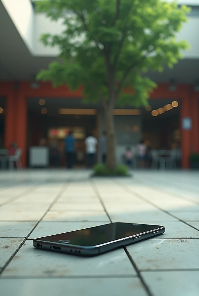 Mobile phone found in random position an empty food court near tree