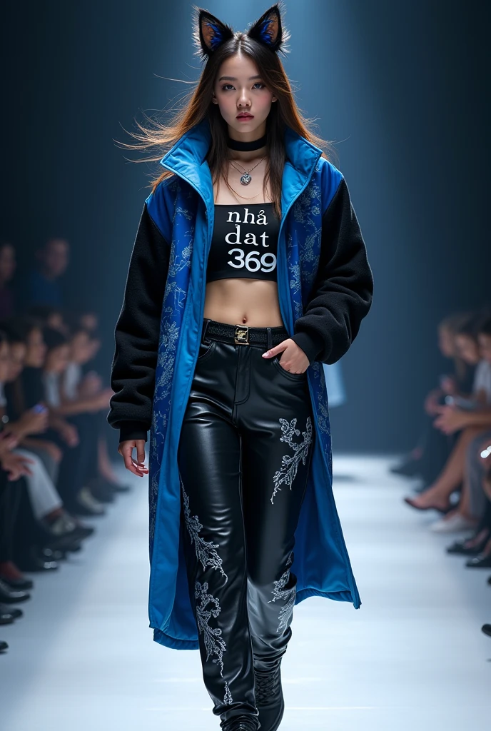 Full body photo of girl with cat face, wear black blue and white fashion outfit , She is walking the catwalk in a youthful style outfit., charming, on the costume there is the words Nha Dat 369