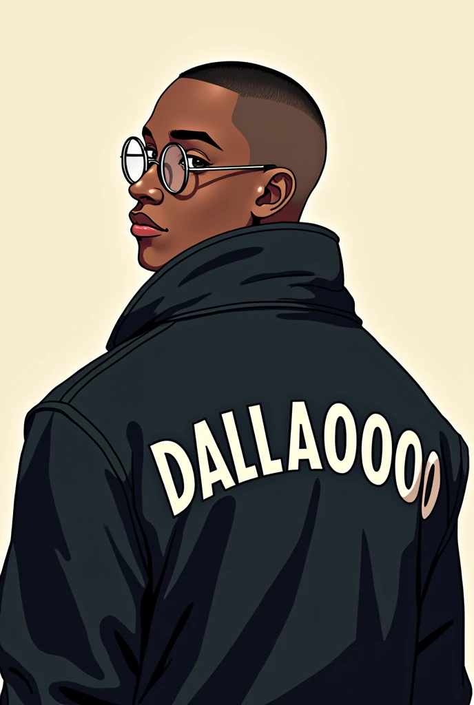 Create an anime drawing with shaved hair wearing circle style glasses with a black coat that says DALLA0000 on the back in capital letters, ain't got a lot of hair, he is a young man with black skin, africana, with adult characteristics, shaven hair 