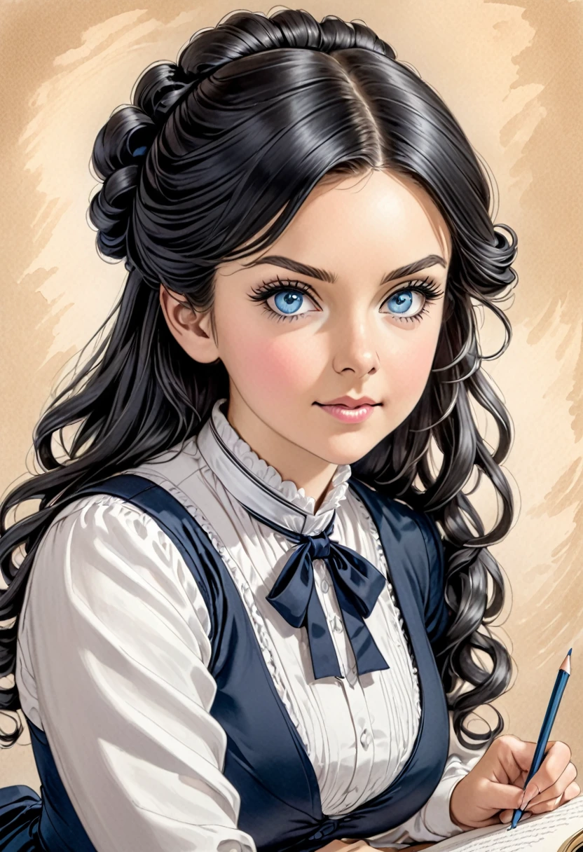 A pencil drawing of a young victorian governess, curly black hair. Kind and inteligent energy. Charlotte MASON