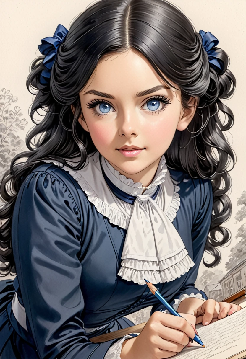 A pencil drawing of a young victorian governess, curly black hair. Kind and inteligent energy. Charlotte MASON

