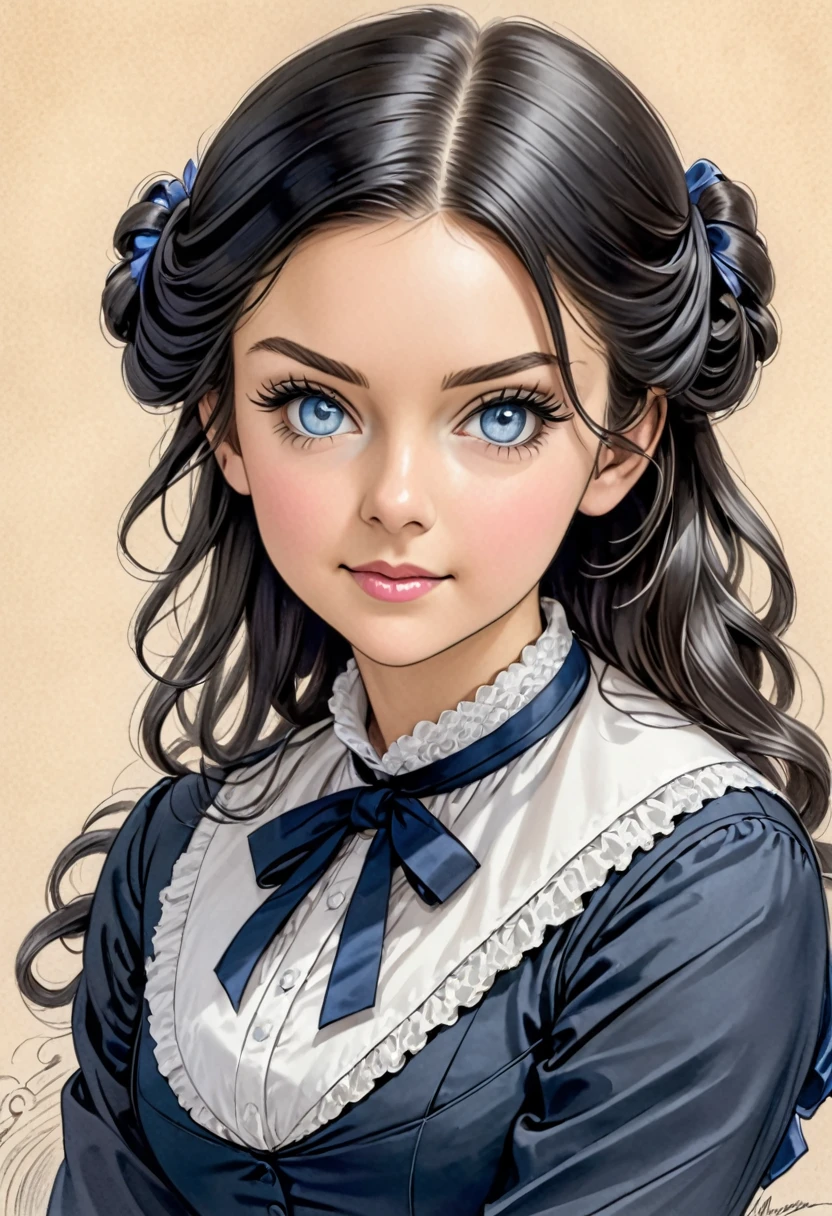 A pencil drawing of a young victorian governess, curly black hair. Kind and inteligent energy. Charlotte MASON