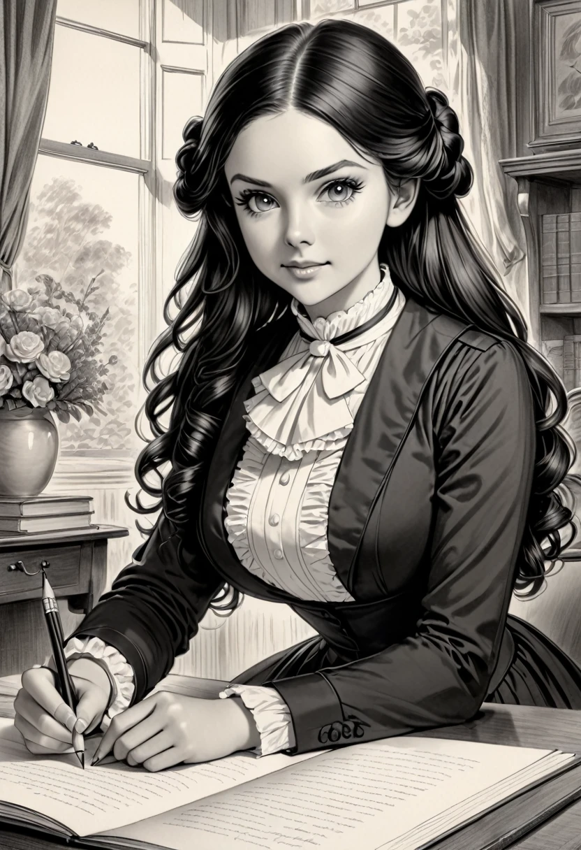 A pencil drawing of a young victorian governess, curly black hair. Kind and inteligent energy. Charlotte MASON
