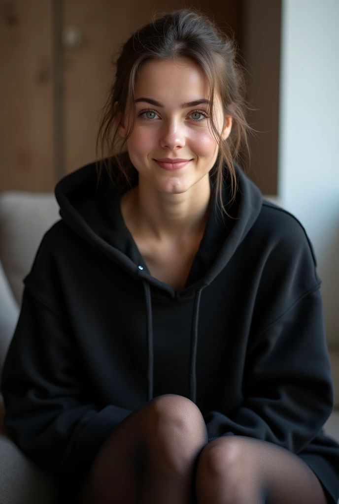dark brown hair、pulled back ponytail、teaing smile、 she wears a black hoodie.、black pantyhose、adult german woman、blue eyes、showing her black pantyhose、sitting on a couch、young german woman、 she has ocean blue eyes.、