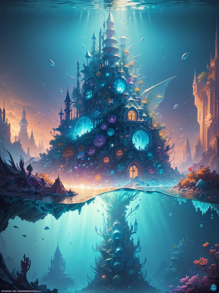 ((need)), ((masterpiece)), (Detailed))，Marvel Universe，colorful atlantis city，A colorful underwater kingdom，an underwater city，palace，Alien Technology，Colorful magical sea creatures，Cyberpunk of the future，Surreal dreams，Surrealist art fantasy style，Epic Digital Fantasy Art Style，art germ, Broken glass, ((Bubbling underwater landscape)) Radiant Octane Rendering is Highly Detailed、Dolphins and mermaids