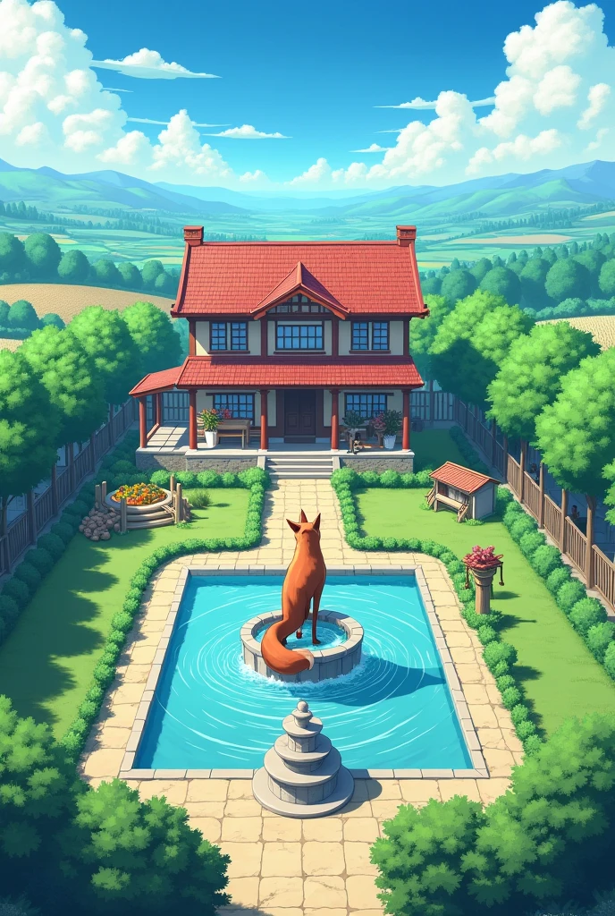An anime style landscape. A two-story U-shaped house divided into three parts. And in the center a garden with a fountain with a statue of a fox with eight tails. On the left side of the tip of the U, some animal farms are separated and on the right side of the U, some orchards are also separated.. And in the background agricultural areas.