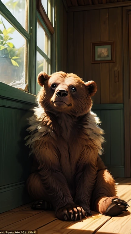 A warm, golden-lit scene: a brown bear sits comfortably in the corner of a rustic wooden hive, its fur a rich chestnut color against the weathered wood. The bear's paws hold a honeycomb cell, and it takes slow, deliberate licks at the sweet treat. In the foreground, a swarm of bees buzzes angrily around the bear's head, their yellow and black bodies a blur as they protect their stolen honey. The background is a soft focus of wooden beams and rustic struts, with hints of sunlight peeking through the cracks to cast a warm glow on the entire scene.