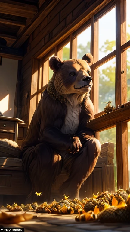A warm, golden-lit scene: a brown bear sits comfortably in the corner of a rustic wooden hive, its fur a rich chestnut color against the weathered wood. The bear's paws hold a honeycomb cell, and it takes slow, deliberate licks at the sweet treat. In the foreground, a swarm of bees buzzes angrily around the bear's head, their yellow and black bodies a blur as they protect their stolen honey. The background is a soft focus of wooden beams and rustic struts, with hints of sunlight peeking through the cracks to cast a warm glow on the entire scene.
