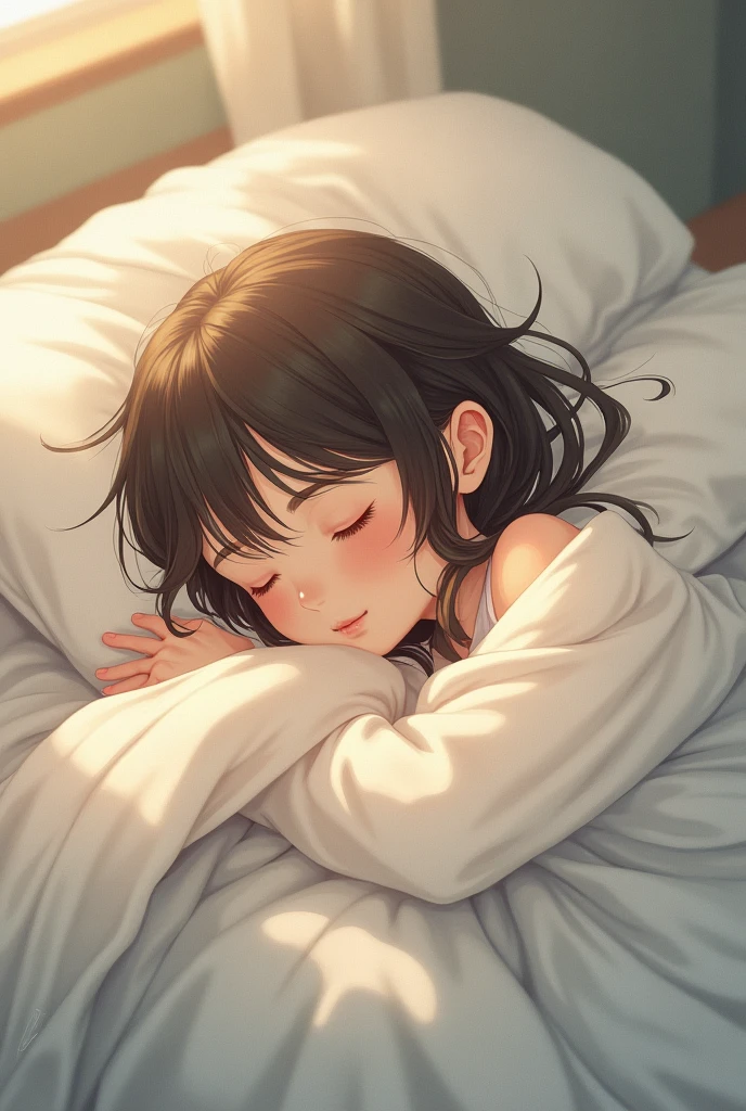 a girl in bed lying in a bed with her eyes closed 