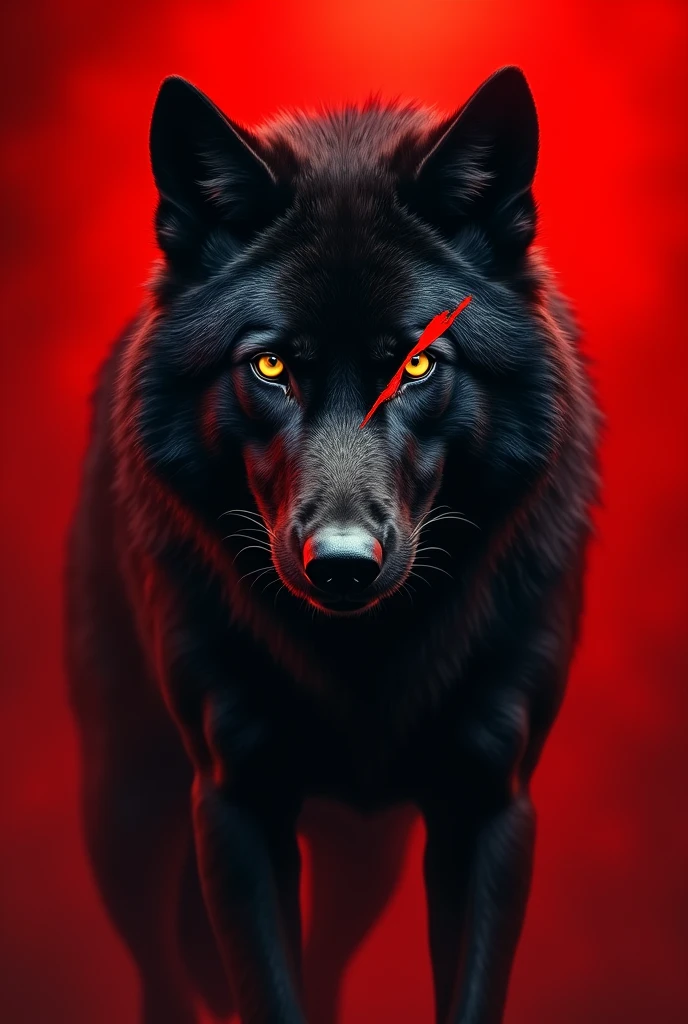 Red Back ground with black wolf with red scar on eye