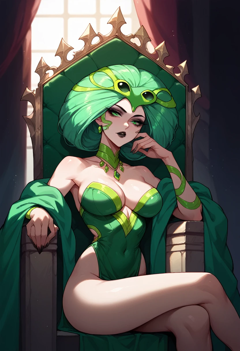 female, green eyes, green snakes on head, sexy body, beautiful face, black eyeliner, makeup, body focus, body, legs, Sits on the throne 