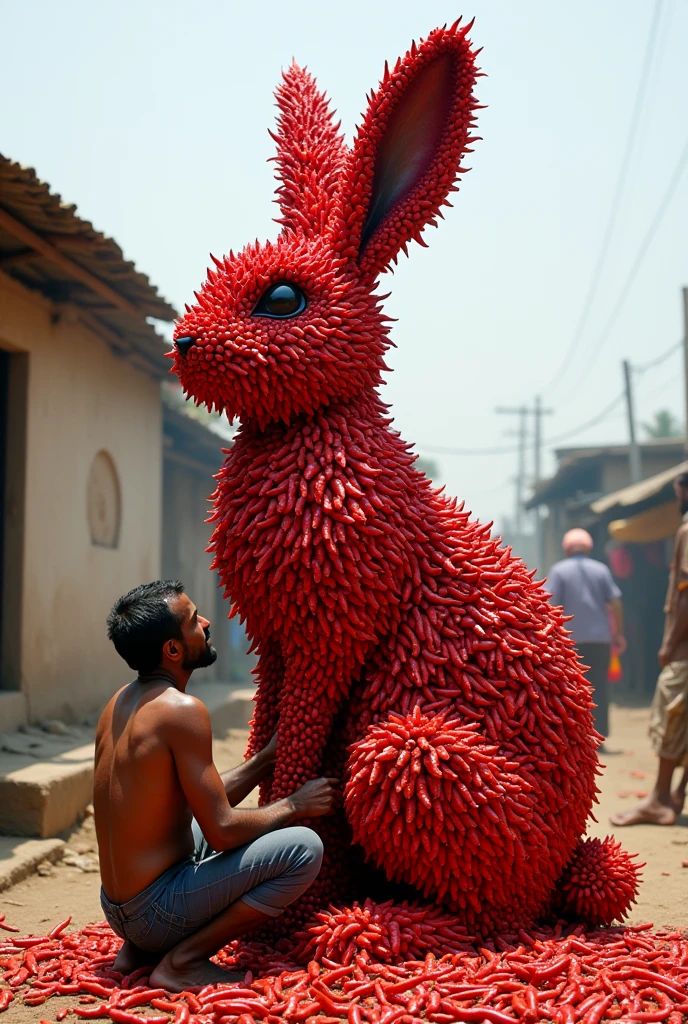 Indian poor man making a huge rabbit out of red chilli