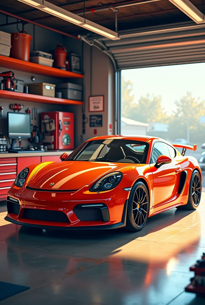 A bright, colorful garage with tools and a shiny car named Max.