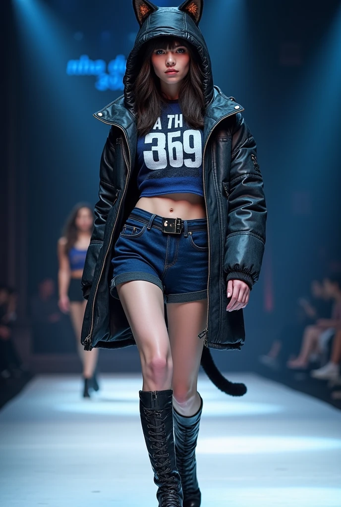 Full body photo of girl with cat face, wear black blue and white fashion outfit , She is walking the catwalk in a youthful style outfit., charming, on the costume there is the words Nha Dat 369