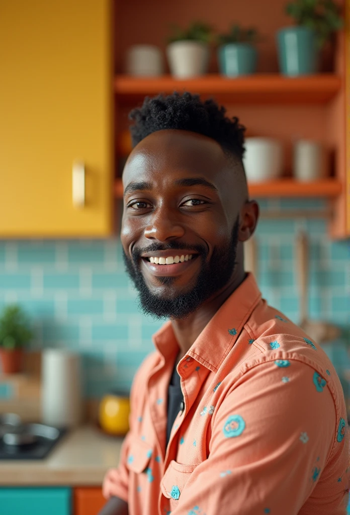 Black man with brown hair. The setting is a colorful American-style kitchen