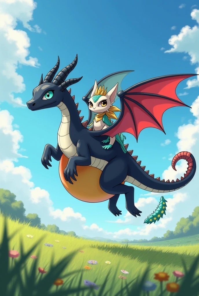 Can you draw Thunder and Feathers riding their Bouncy ball in a grassfield under a clear blue sky? And draw them non-anthro, if you can. Thunder is a slender, male Night Light who bears a strong resemblance to his ancestor Toothless, having the stature and black scales of a Night Fury as well as the pure white scales of a Light Fury Surrounding his mouth, a thin streak going up his face and running from his lower jaw to the tip of his tail and on his feet. He has a series of large triangular spines lining down his back to his tail. He also has piercing blue eyes, similar to the Light Fury he is descended from. However, unlike Night Furies, Light Furies and original Night Lights, Thunder doesn't possess a dual tailfin. Instead, he possesses a three-pronged "tail spade" in the shape of "Poseidon's Trident", with an additional fin between the main two that can be tucked in when not in use. He also has toe pads on his feet like cats and dogs, and a deep chest like some dogs; which are other features that neither Night Furies, Light Furies nor the original Night Lights were known to possess. His wings and the first pair of fins on his tail are narrower than that of a Night Fury. His scales are as mostly smooth like his mother's, but he has inherited his father's rougher, more defined scales on his forelegs. Feathers is an exotic dragon with a crown of feather-like scales on her head, big yellow eyes, long neck, long legs and a long tail with a tailfin of feather-like scales. Her legs have fins behind them, Feathers' wings are big and colorful and her scales are cyan and red, with the ends of her feather-like scales being yellow.