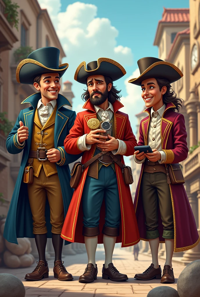 3 characters, one with money, another hungry and another like a video gamer, all 3 drawn as musketeers