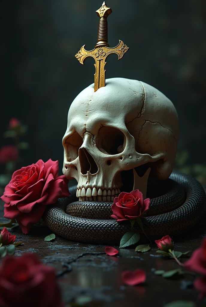 An image that works in one, a small golden dagger, A snake, a skull. Let the dagger pierce the skull, May the snake surround them along with the rose