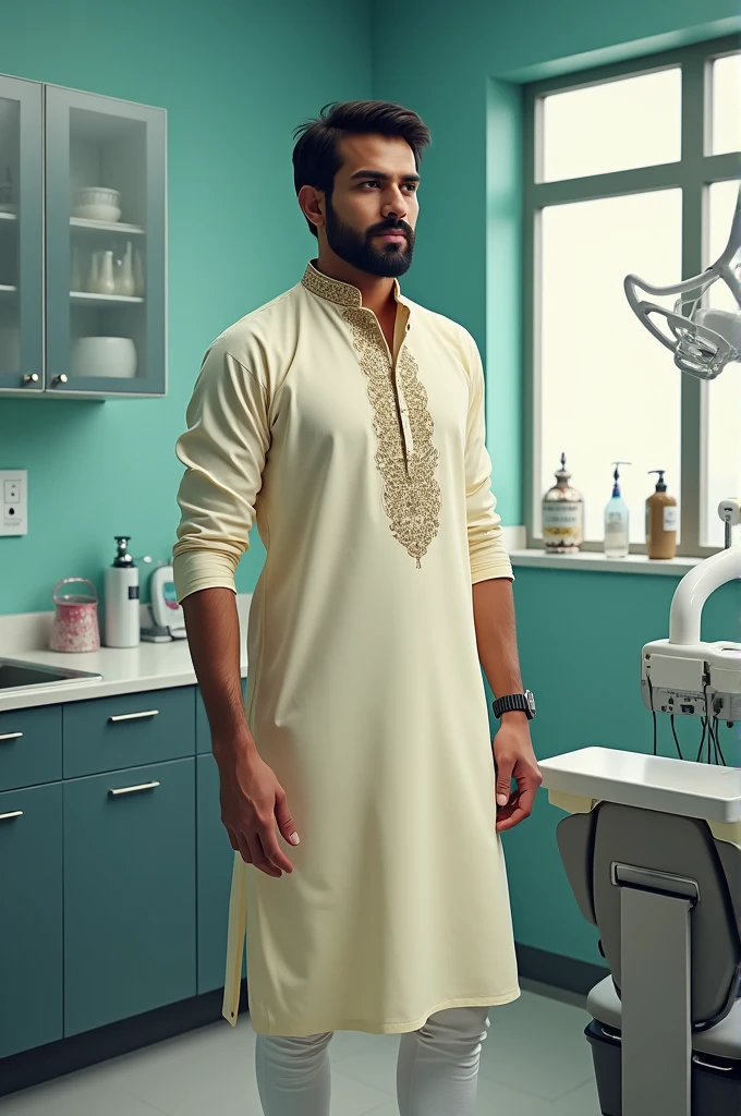 A dentist in kurta wearing white leggings and gloves
