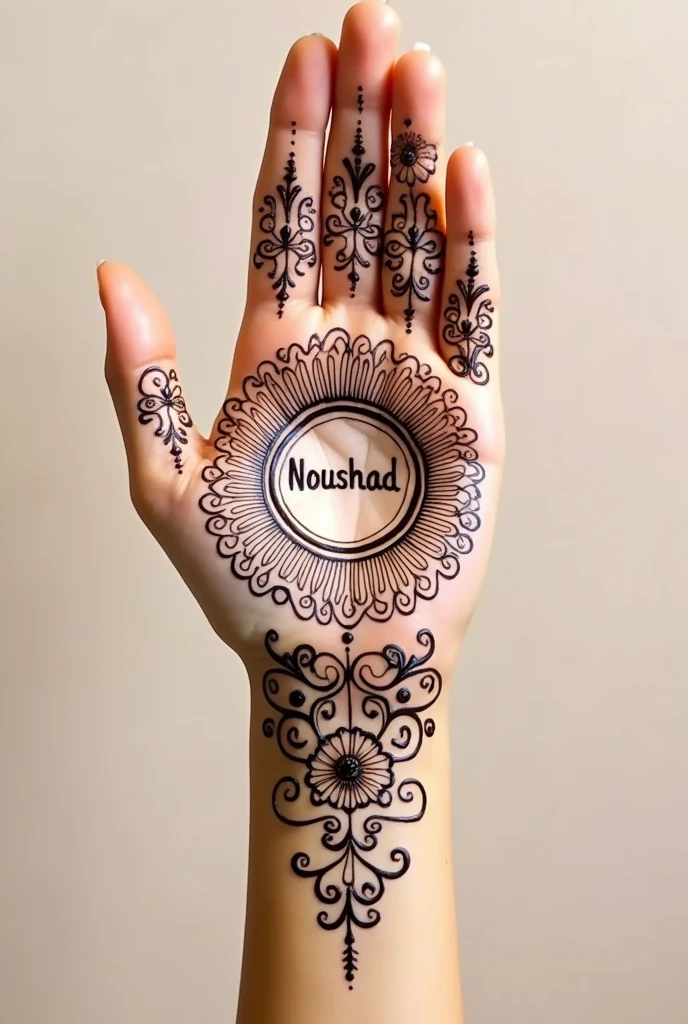  Beautiful Henna design with name noushad in palm