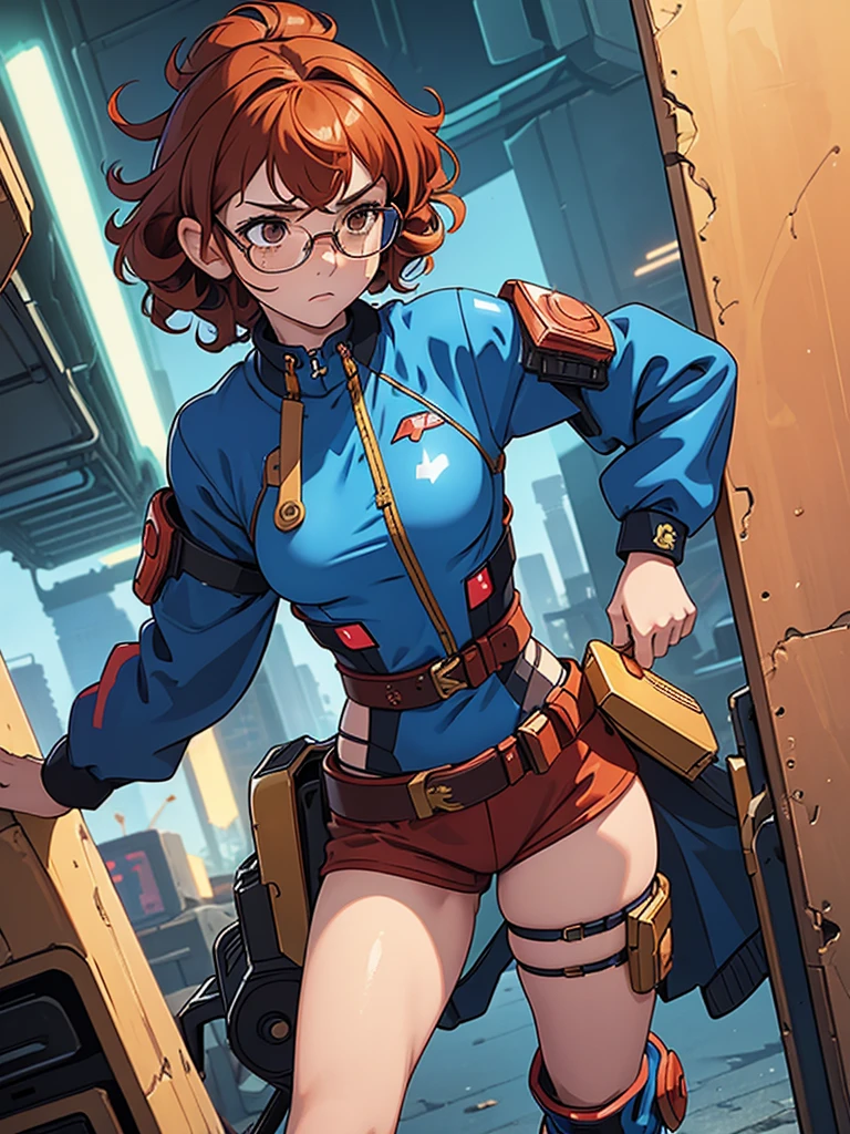 (masterpiece), (best quality),(1 girl), adult, red copper hair,(brown eyes),curly hair,(short curly hair), anime style, freckles, (small breasts),(petite figure), (blue outfit),(cyberpunk clothes)),(battle outfit),(badass outfit),legs, desert background, (gold glasses)