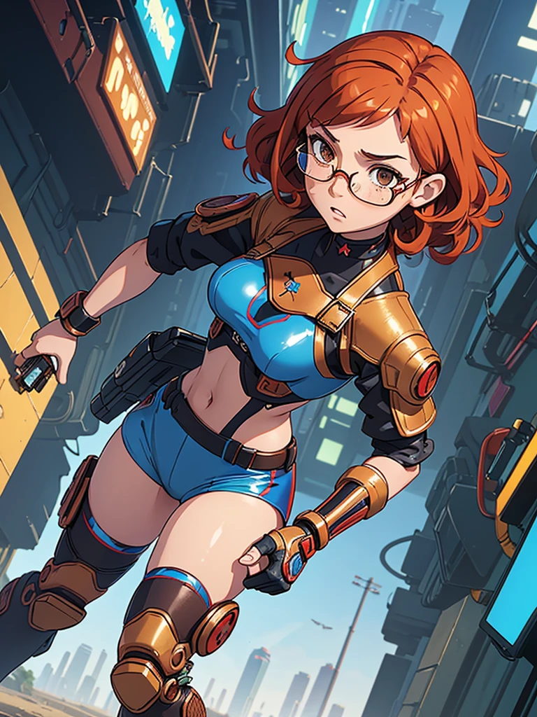 (masterpiece), (best quality),(1 girl), adult, red copper hair,(brown eyes),curly hair,(short curly hair), anime style, freckles, (small breasts),(petite figure), (blue outfit),(cyberpunk clothes)),(battle outfit),(badass outfit),legs, desert background, (gold glasses)