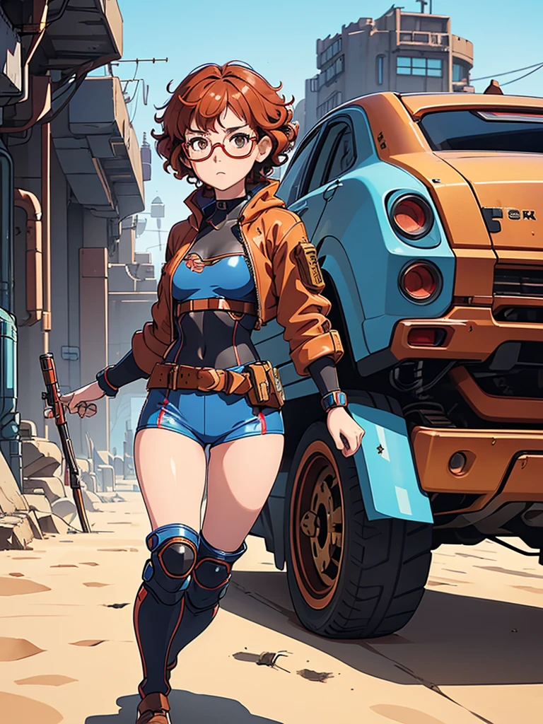 (masterpiece), (best quality),(1 girl), adult, red copper hair,(brown eyes),curly hair,(short curly hair), anime style, freckles, (small breasts),(petite figure), (blue outfit),(cyberpunk clothes)),(battle outfit),(badass outfit),legs, desert background, (gold glasses)