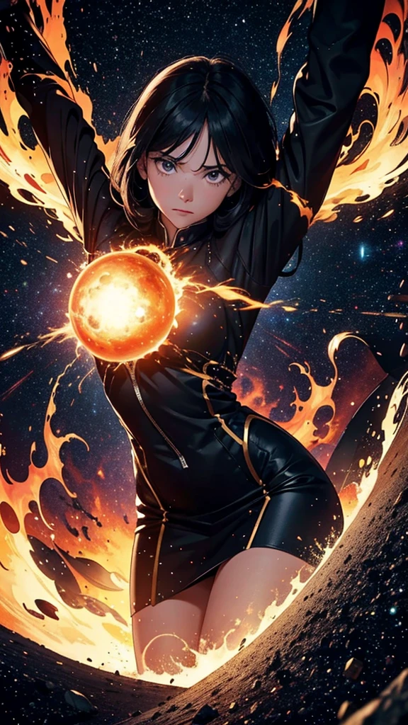 Show the Co-creator, a grand and imposing entity, at the crucial moment of the creation of the universe. She is at the center of a cosmic explosion, similar to the Big Bang, with an immense release of light and energy. Capture the moment she tries to contain the explosion, but fails and is sucked into the creative vortex itself. The scene must convey the force and chaos of the explosion, with the Co-Creator being dragged into the vortex, symbolizing her downfall and imprisonment in the universe she created."