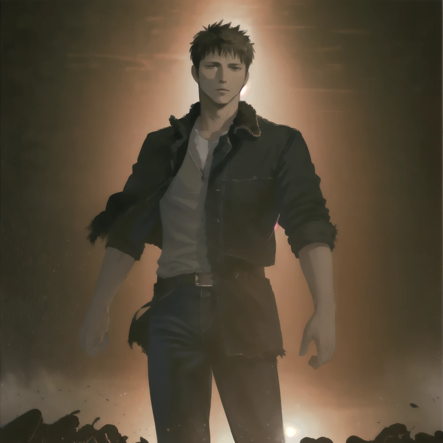 Create an anime-style artwork featuring Jensen Ackles as Dean Winchester from the "Supernatural" series. The composition should focus on a single man, emphasizing a masculine and rugged appearance. The image should capture Dean Winchester in an iconic pose, highlighting his serious and determined expression. The lighting should be cinematic, with extreme light and shadow creating strong contrast, using specular highlights to accentuate details. The color palette should be dramatic, with deep, saturated tones that enhance the dark mood. The camera angle should be cinematic, with a slightly low perspective, enhancing the imposing presence of the character. The artwork should be of high quality, with well-defined anime-style lines, clean strokes, and smooth textures that preserve the authenticity of the style. Ensure the background complements the image without distracting from the main character, using subtle elements consistent with the "Supernatural" theme.