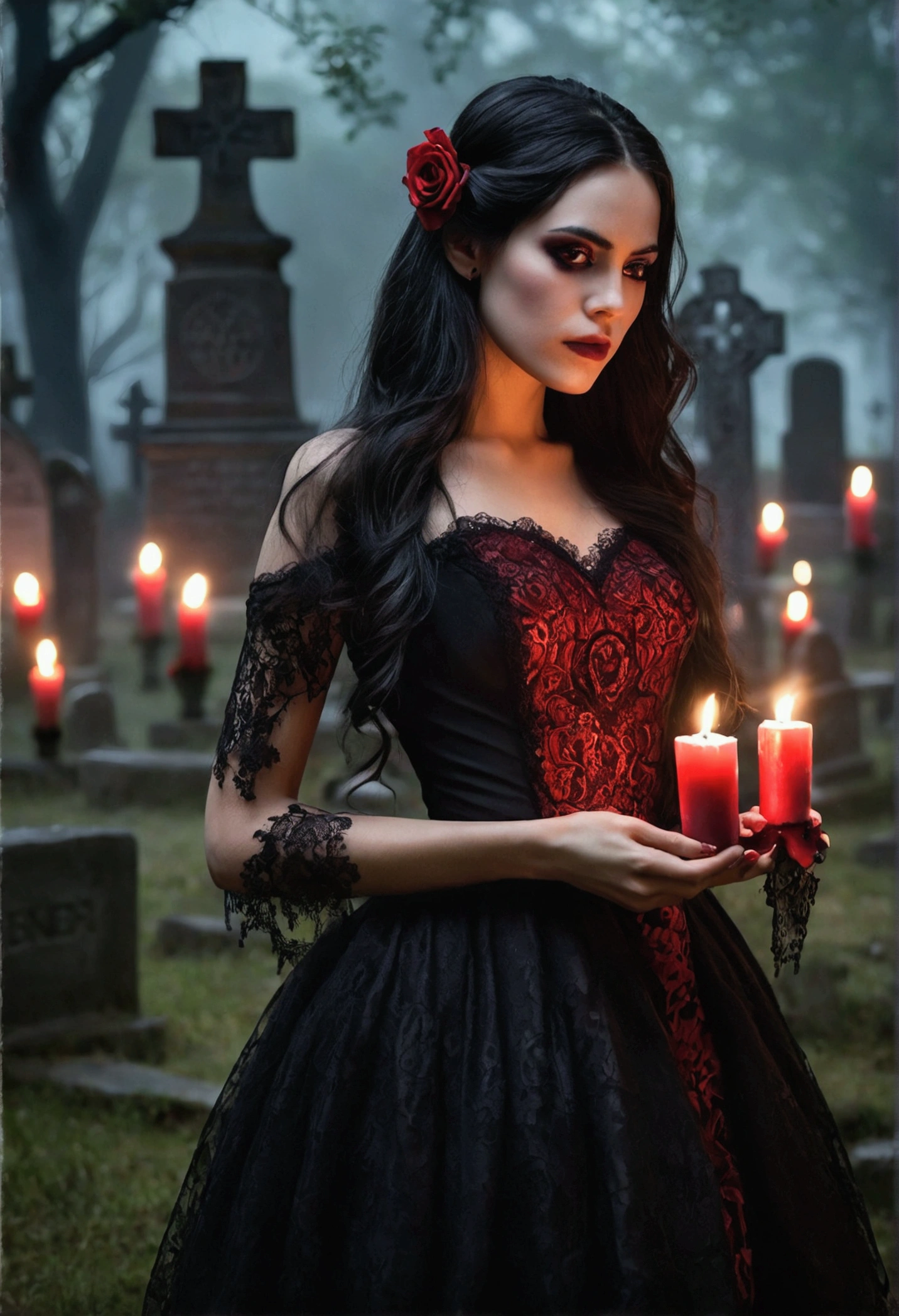 An elegant woman with long hair, dark hair wearing a vibrant dark red and black dress adorned with lace and intricate detailing. embroidery Your skin is a light and striking tone, the right side of her face is wearing catrina style makeup, Mixing beauty and macabre. On the one hand, she delicately holds a skull and, In the other, A red rose, symbolizing their dual nature. She is in a dimly lit cemetery, surrounded by faintly glowing candles and mist, with shadows of old tombstones and crosses in the background. The atmosphere is sinister and somewhat frightening., with a soft, reddish light highlighting its presence.