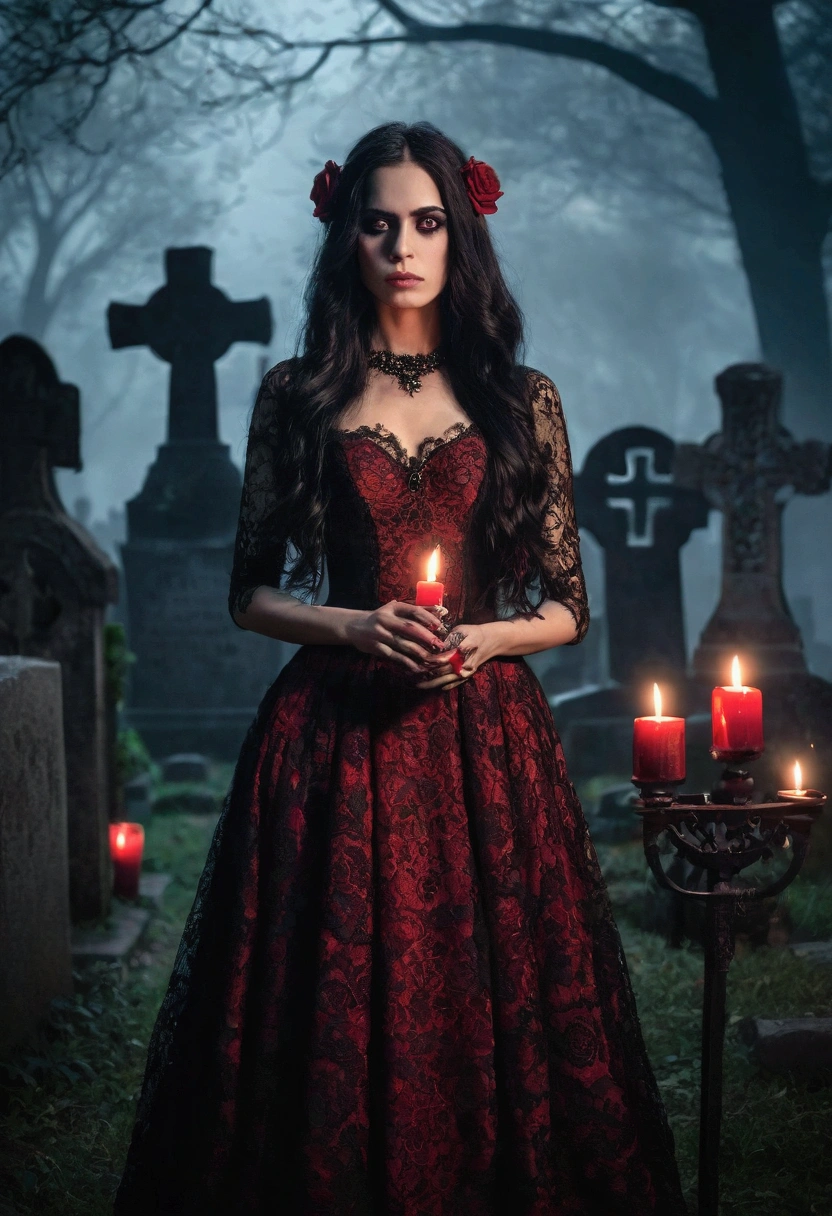 An elegant woman with long hair, dark hair wearing a vibrant dark red and black dress adorned with lace and intricate detailing. embroidery Your skin is a light and striking tone, the right side of her face is wearing catrina style makeup, Mixing beauty and macabre. On the one hand, she delicately holds a skull and, In the other, A red rose, symbolizing their dual nature. She is in a dimly lit cemetery, surrounded by faintly glowing candles and mist, with shadows of old tombstones and crosses in the background. The atmosphere is sinister and somewhat frightening., with a soft, reddish light highlighting its presence.