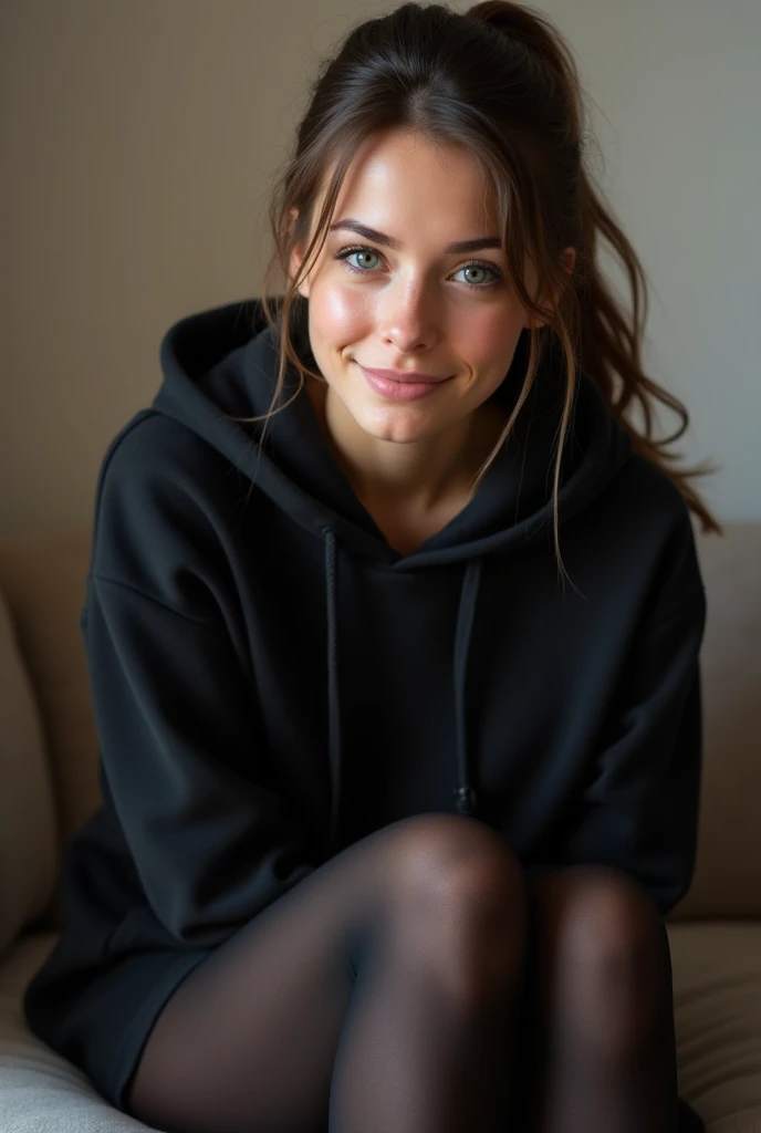 dark brown hair、pulled back ponytail、teaing smile、 she wears a black hoodie.、black pantyhose、adult german woman、blue eyes、showing her black pantyhose、sitting on a couch、young german woman、wide angle、 she has ocean blue eyes.、