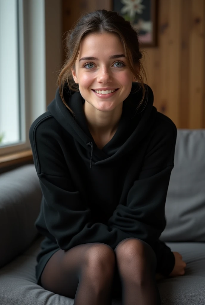 dark brown hair、pulled back ponytail、teaing smile、 she wears a black hoodie.、black pantyhose、adult german woman、blue eyes、showing her black pantyhose、sitting on a couch、young german woman、wide angle、 she has ocean blue eyes.、