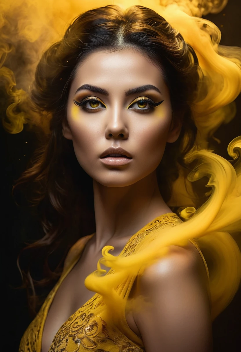 A majestic work of art, a woman, intricately detailed, with an intense, piercing gaze emanating from her singular, striking eye, set against a backdrop of ethereal, swirling yellow smoke that appears to shift and undulate as if alive, illuminated by a cinematic lighting scheme that casts dramatic, high-contrast shadows and highlights, evoking a sense of mystery and the otherworldly, with each element expertly rendered in exquisite, high-definition detail, exuding a sense of artistic mastery and visual sophistication.