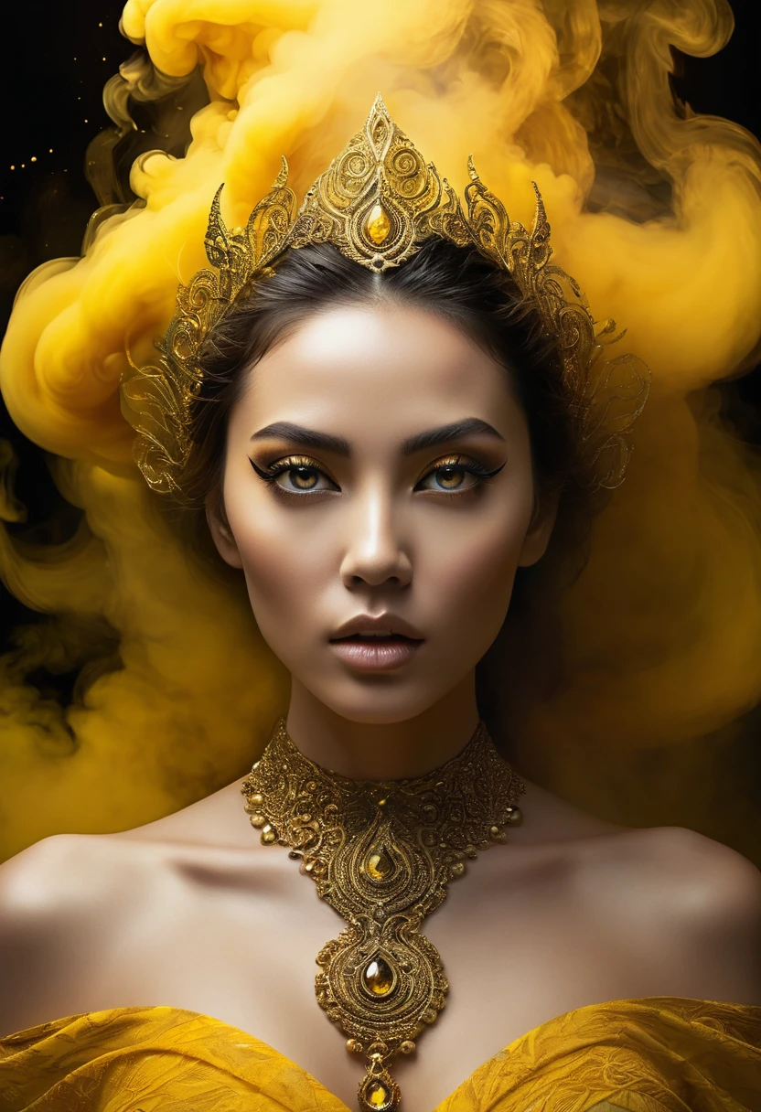 A majestic work of art, a  woman, intricately detailed, with an intense, piercing gaze emanating from her singular, striking eye, set against a backdrop of ethereal, swirling yellow smoke that appears to shift and undulate as if alive, illuminated by a cinematic lighting scheme that casts dramatic, high-contrast shadows and highlights, evoking a sense of mystery and the otherworldly, with each element expertly rendered in exquisite, high-definition detail, exuding a sense of artistic mastery and visual sophistication.