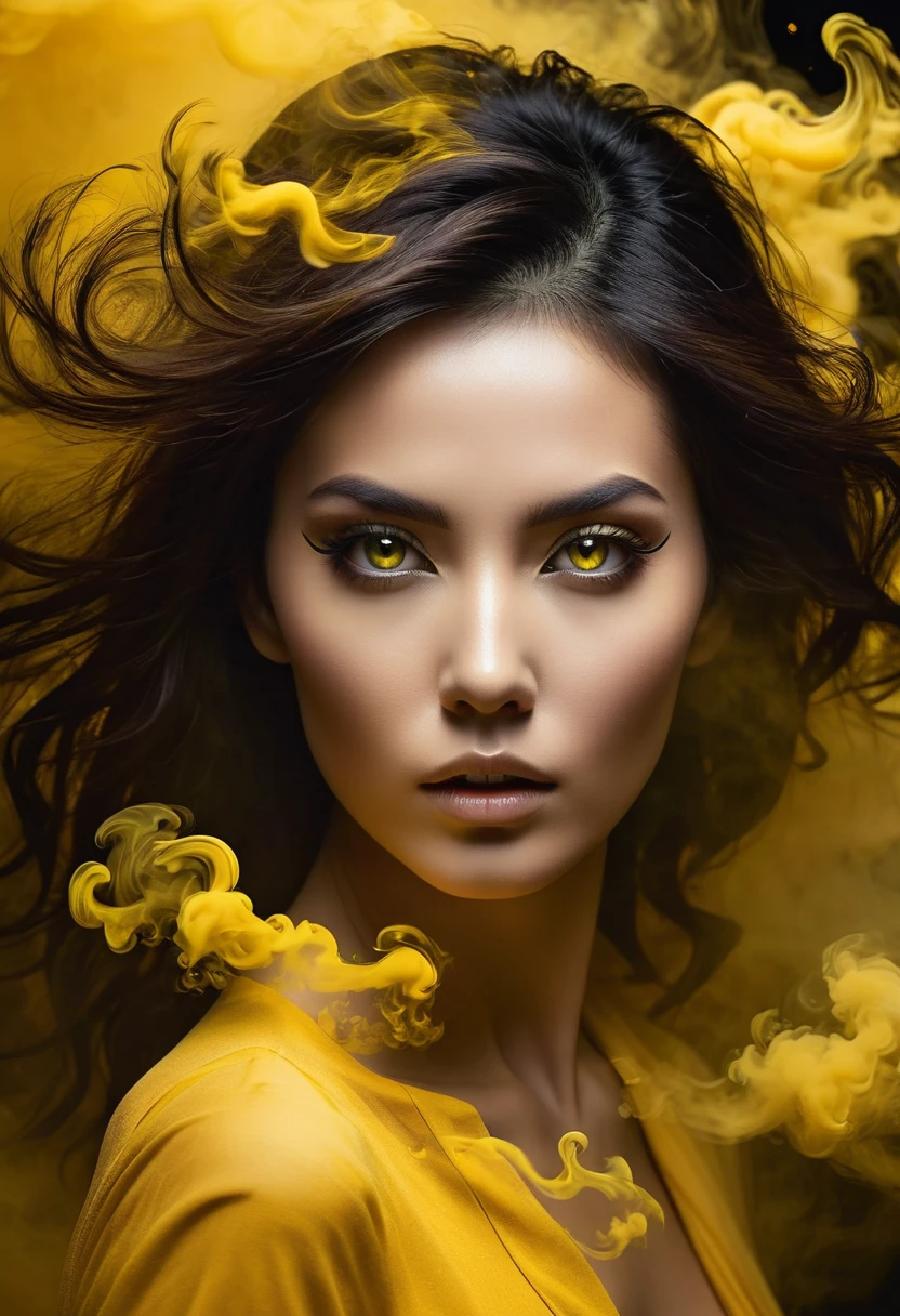 A majestic work of art, a woman, intricately detailed, with an intense, piercing gaze emanating from her singular, striking eye, set against a backdrop of ethereal, swirling yellow smoke that appears to shift and undulate as if alive, illuminated by a cinematic lighting scheme that casts dramatic, high-contrast shadows and highlights, evoking a sense of mystery and the otherworldly, with each element expertly rendered in exquisite, high-definition detail, exuding a sense of artistic mastery and visual sophistication.