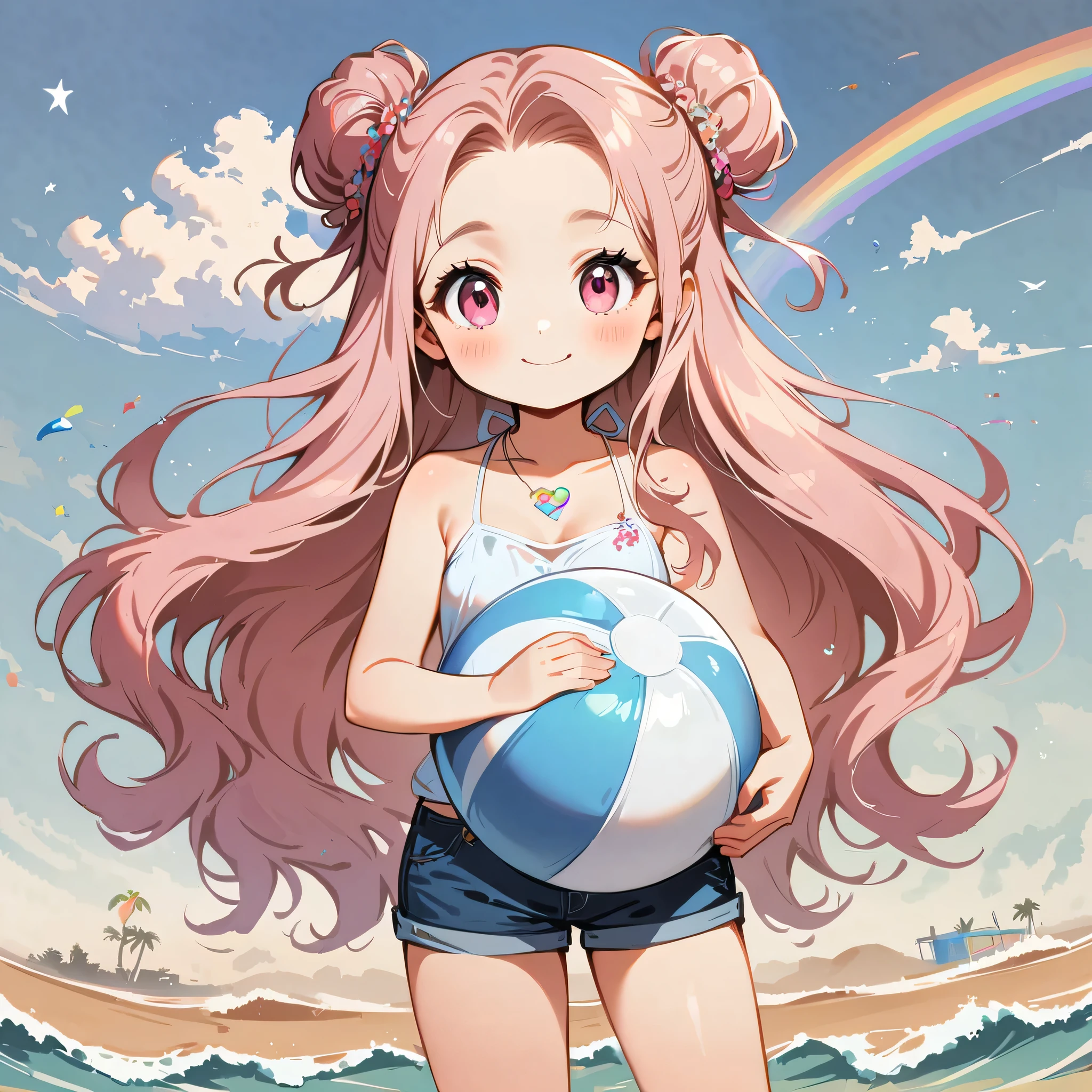 1 person,camisole、Wearing short jeans pants、Pink eyes,(Pale pink girl)、(((Long Hair))),(Bun hairstyle)、(((Disjointed bangs))),Paint a rainbow on a blue sky background、Playing with a beach ball、Cartoon style character design,interesting,A big smile,Clean Lines