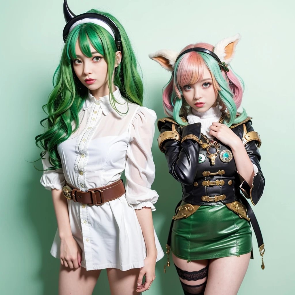 ((live 2D)) masterpiece, 1girl, full body, stands straight, steampunk clothes, military clothing, looking at viewer, detailed face, girl with green wavy hair, bangs, metal sheep horns, gradient hair, multicolored hair, light green hair, turquoise hair tips, wavy hair, gradient eyes, orange eyes, (simple background, white background: 1.3)