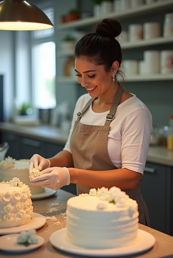 A Brazilian woman in her kitchen making wedding cakes to deliver to her client. She is wearing a tame and apron, tied hair. Your kitchen is extremely tidy. The confectioner is very happy with the order and her profits.