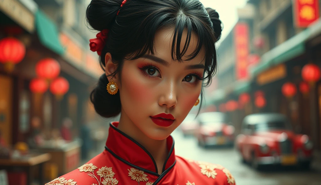 "Create an ultra-high quality, realistic close-up image of Chun-Li inspired by the 1950s, as if captured on Super Panavision 70 film. She should embody the classic strength and elegance of the era, with her iconic qipao dress modified with a vintage twist—perhaps a more tailored fit with subtle retro patterns. Her hair should be styled in her traditional ox horns, but with a 1950s flair, such as soft curls or waves. The colors should be rich and slightly muted, typical of the film style from that period. The background should showcase a bustling 1950s city market, with vibrant street scenes, neon signs, and classic cars. The close-up should focus on Chun-Li’s determined expression, her flawless makeup featuring red lipstick and winged eyeliner, and the intricate details of her costume, giving a cinematic feel reminiscent of Super Panavision 70’s detailed, wide-screen format. The overall image should evoke a sense of power, grace, and nostalgia, with every detail contributing to a lifelike, realistic appearance within a dynamic cityscape setting."