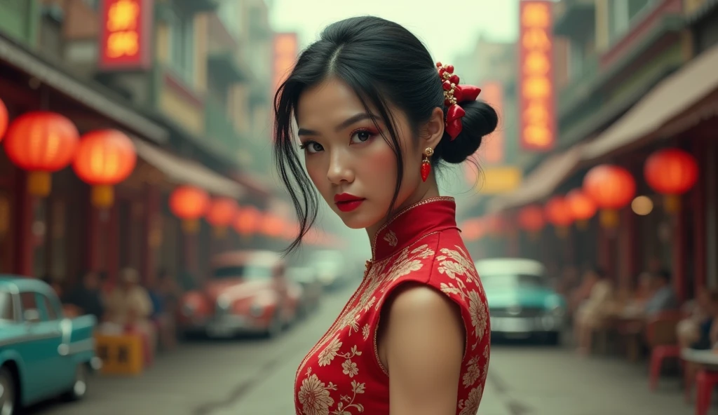 "Create an ultra-high quality, realistic close-up image of Chun-Li inspired by the 1950s, as if captured on Super Panavision 70 film. She should embody the classic strength and elegance of the era, with her iconic qipao dress modified with a vintage twist—perhaps a more tailored fit with subtle retro patterns. Her hair should be styled in her traditional ox horns, but with a 1950s flair, such as soft curls or waves. The colors should be rich and slightly muted, typical of the film style from that period. The background should showcase a bustling 1950s city market, with vibrant street scenes, neon signs, and classic cars. The close-up should focus on Chun-Li’s determined expression, her flawless makeup featuring red lipstick and winged eyeliner, and the intricate details of her costume, giving a cinematic feel reminiscent of Super Panavision 70’s detailed, wide-screen format. The overall image should evoke a sense of power, grace, and nostalgia, with every detail contributing to a lifelike, realistic appearance within a dynamic cityscape setting."