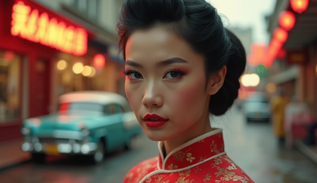"Create an ultra-high quality, realistic close-up image of Chun-Li inspired by the 1950s, as if captured on Super Panavision 70 film. She should embody the classic strength and elegance of the era, with her iconic qipao dress modified with a vintage twist—perhaps a more tailored fit with subtle retro patterns. Her hair should be styled in her traditional ox horns, but with a 1950s flair, such as soft curls or waves. The colors should be rich and slightly muted, typical of the film style from that period. The background should showcase a bustling 1950s city market, with vibrant street scenes, neon signs, and classic cars. The close-up should focus on Chun-Li’s determined expression, her flawless makeup featuring red lipstick and winged eyeliner, and the intricate details of her costume, giving a cinematic feel reminiscent of Super Panavision 70’s detailed, wide-screen format. The overall image should evoke a sense of power, grace, and nostalgia, with every detail contributing to a lifelike, realistic appearance within a dynamic cityscape setting."