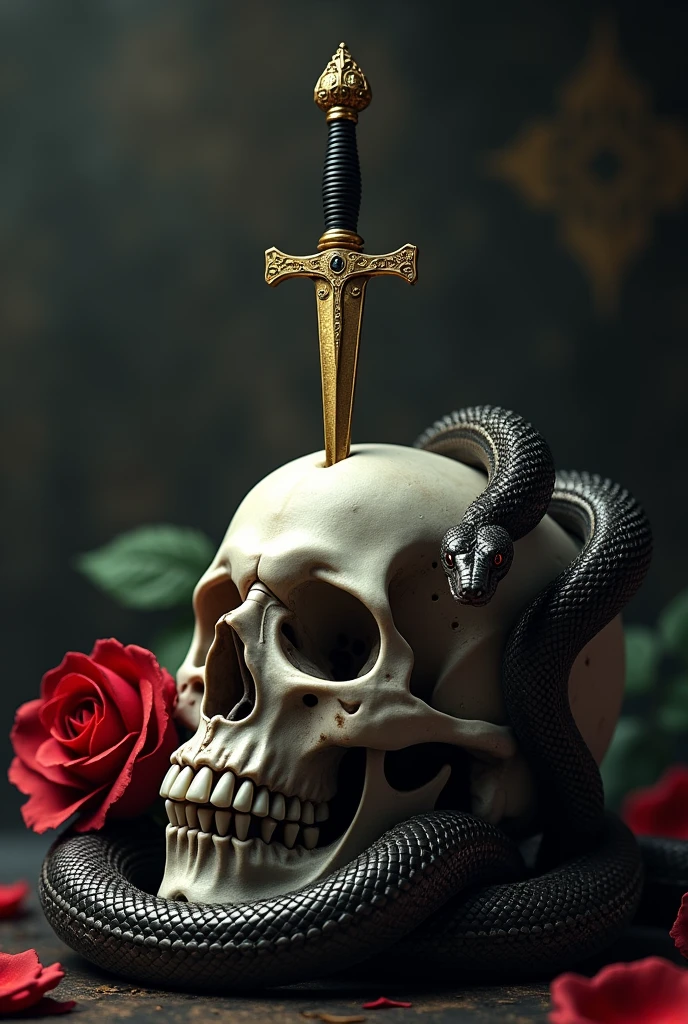 An image that works in one, a small golden dagger, A snake, a skull. Let the dagger pierce the skull, May the snake surround them along with the rose