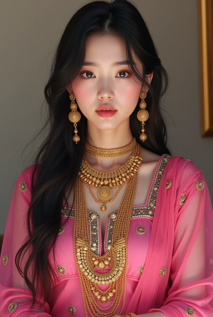 Wonyoung from IVE k-pop group in a pink kurti and heavy gold Indian jewellery