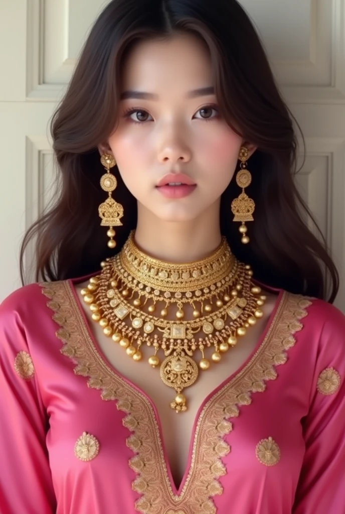 Wonyoung from IVE k-pop group in a pink kurti and heavy gold Indian jewellery