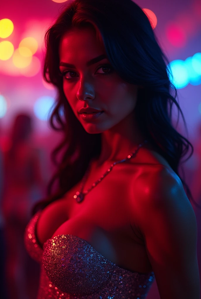 A Brazilian woman in a glittering nightclub, wearing a tight, low-cut dress, with a close-up of the seductive lines of her breasts and the neon lights reflecting off her body, highlighting its charm and the vibe of the night.